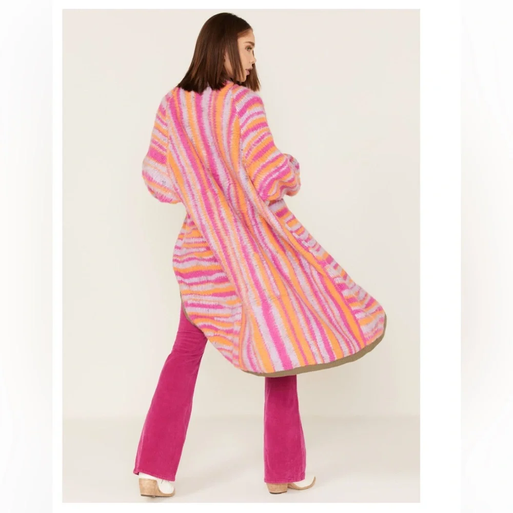Free People Pink Orange Striped Long Cardigan